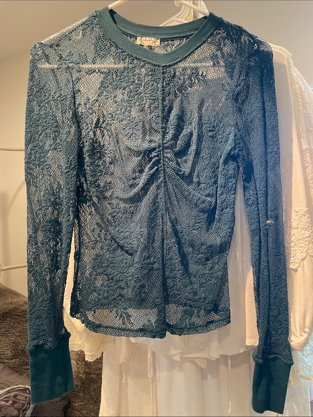 Free People Teal Lace Long Sleeve Top